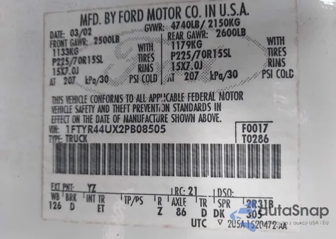 2002 Ford Ranger Edge/Tremor/Xlt из США, поврежденный, VIN 1FTYR44UX2PB08505